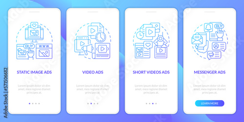Types of social media ads blue gradient onboarding mobile app screen. Promo walkthrough 4 steps graphic instructions with linear concepts. UI, UX, GUI template. Myriad Pro-Bold, Regular fonts used