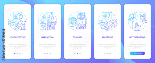 Social media advertising benefits blue gradient onboarding mobile app screen. Walkthrough 5 steps graphic instructions with linear concepts. UI  UX  GUI template. Myriad Pro-Bold  Regular fonts used