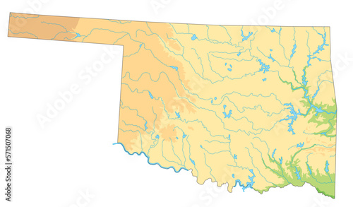 High detailed Oklahoma physical map.