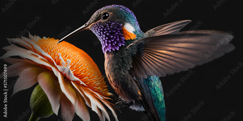 Obraz premium hummingbird flying on a tropical flower, dark isolated background - generativ ai 