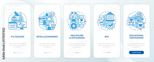 Version control end user industry blue onboarding mobile app screen. Walkthrough 5 steps editable graphic instructions with linear concepts. UI, UX, GUI template. Myriad Pro-Bold, Regular fonts used