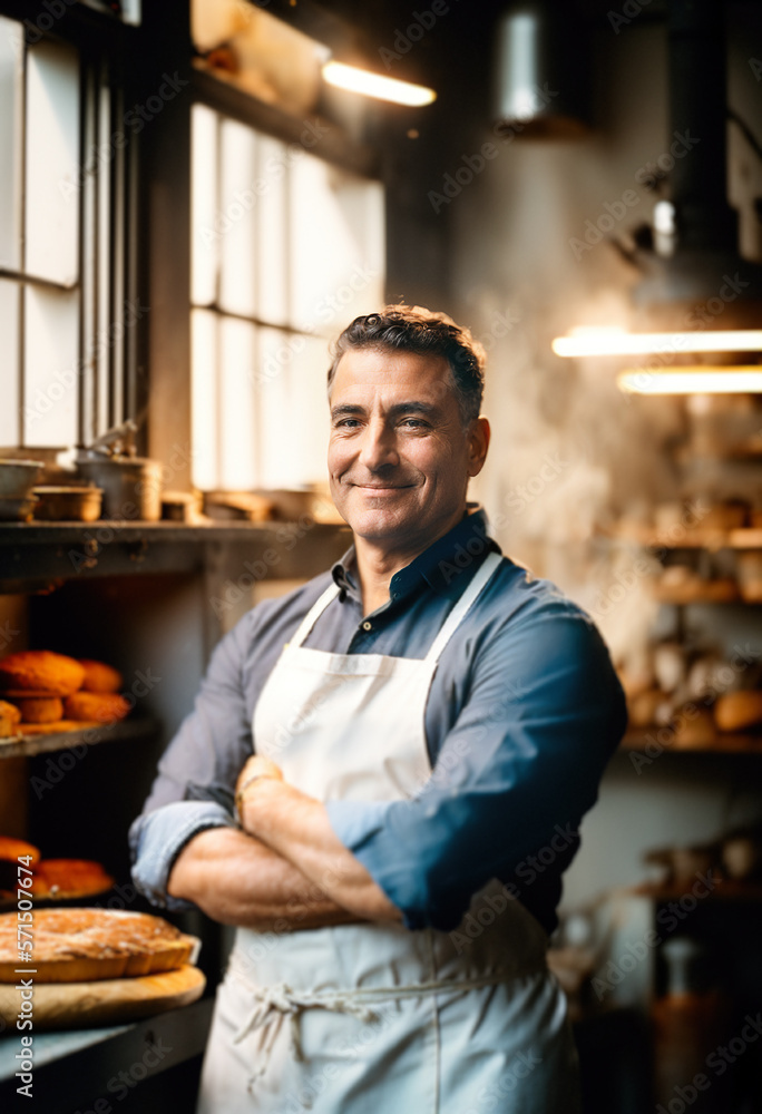 Portrait of a baker in his bakery, he looks at the camera smiling, arms crossed. Generative AI
