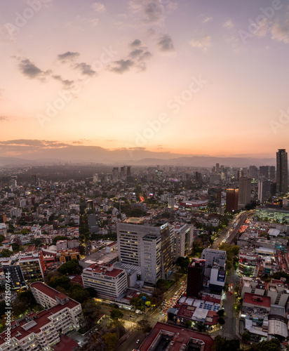 Beautiful aerial view of the capital of Mexico city of Mexico City at sunset.