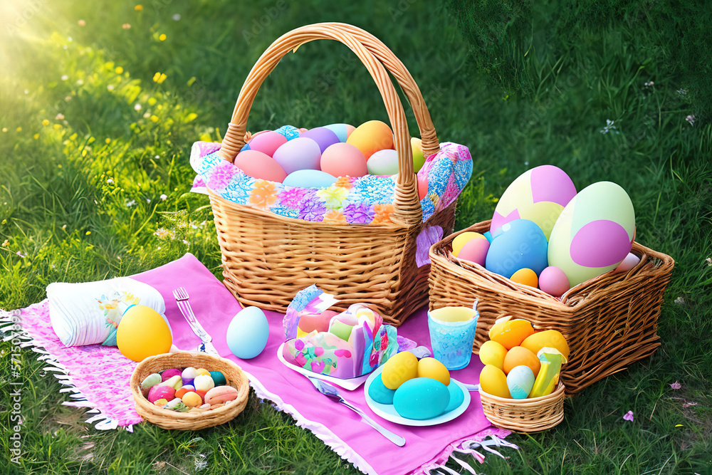 easter basket with easter eggs, picnic, egg hunt easter basket with easter eggs, picnic, egg hunt
