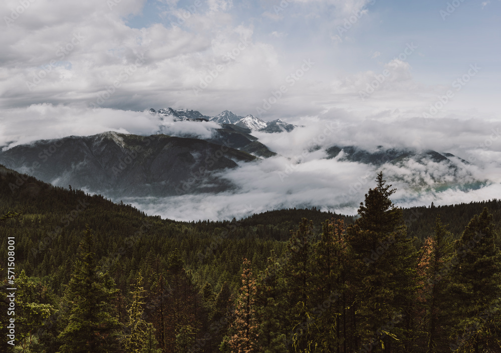 Scenic view overlooking valley with snowy mountains in the distance