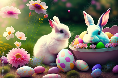 A whimsical Easter garden with flowers and rabbits, soft colors, dreamy mood