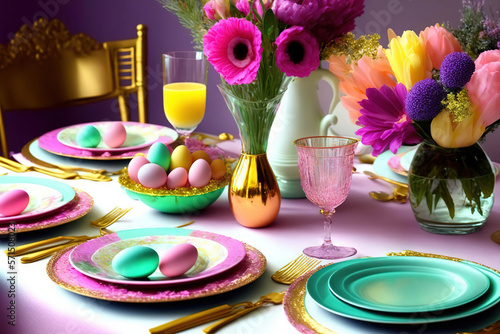 A festive Easter brunch table, pastel colored tableware, bright and airy lighting