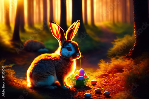 Easter bunny and Easter basket, moody lighting, warm colors
