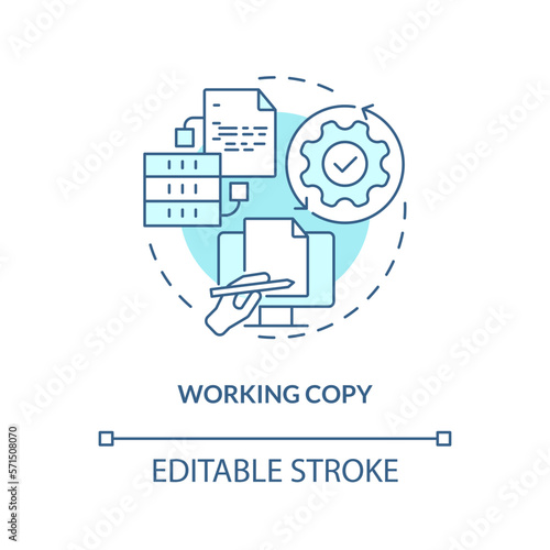 Working copy turquoise concept icon. Files for editing. Source control strategy abstract idea thin line illustration. Isolated outline drawing. Editable stroke. Arial, Myriad Pro-Bold fonts used