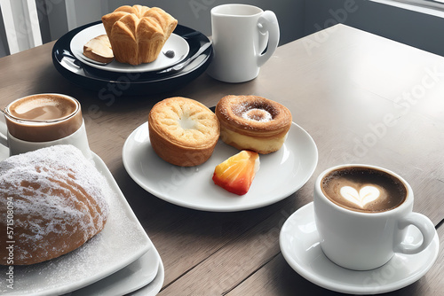 A refreshing morning routine with coffee and pastries, soft lighting, cozy and rejuvenating mood