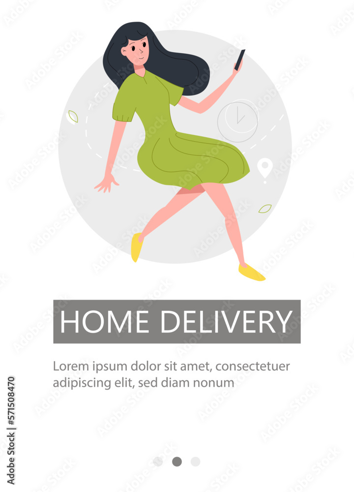 Happy young woman orders goods online. Flyer design for delivery service. Vector illustration. Happy young woman orders goods online. Flyer design for delivery service. Vector illustration.