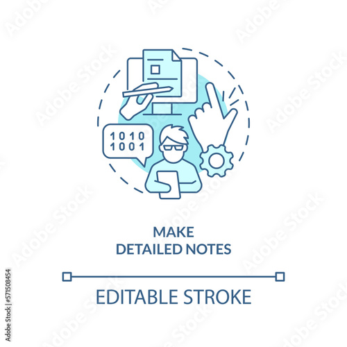 Make detailed notes turquoise concept icon. Source code management best practice abstract idea thin line illustration. Isolated outline drawing. Editable stroke. Arial, Myriad Pro-Bold fonts used