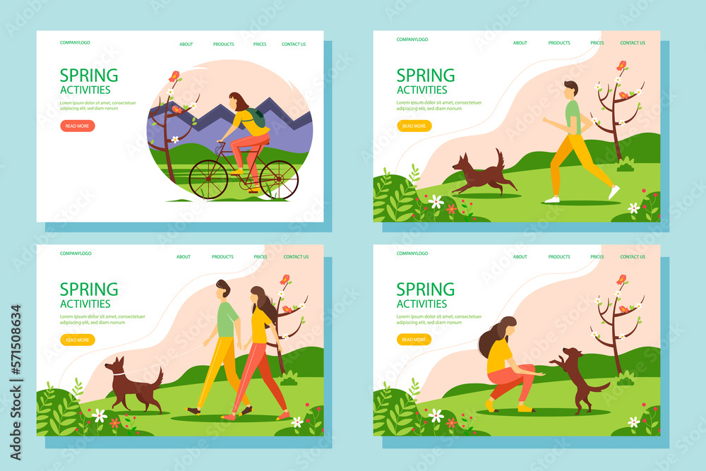 Spring activity web banner set. The concept of an active and healthy lifestyle. illustration in flat style.
