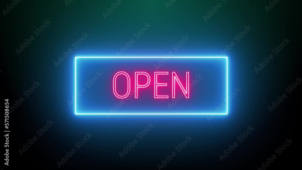 Open Neon Red Fluorescent Text Animation blue frame on black background Open Neon Red Fluorescent Text Animation blue frame on black background