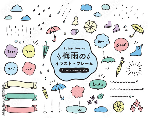 梅雨の手描きイラストとフレームのセット　6月　傘　長靴　雲　シンプル　飾り　リボン　吹き出し　装飾