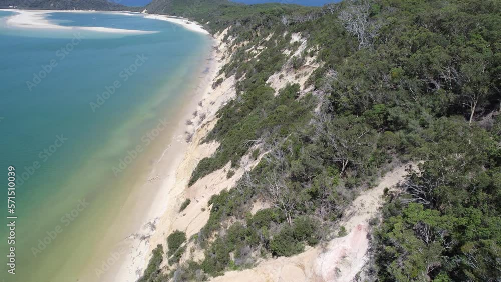 Turquoise Seascape And Sand Dunes Of Rainbow Beach In Queensland, Australia - aerial drone shot Turquoise Seascape And Sand Dunes Of Rainbow Beach In Queensland, Australia - aerial drone shot