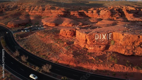 Aerial View of Dixie Rock, Landmark and Viewpoint Above St. George Utah USA at Sunset, Drone Shot photo