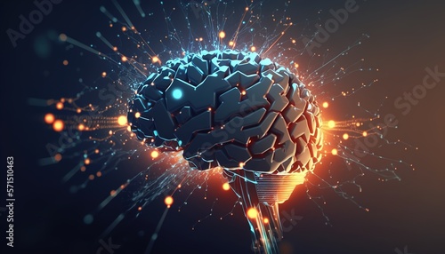 Futuristic creative brain with neon colorful light and sparks. Generative AI illustration