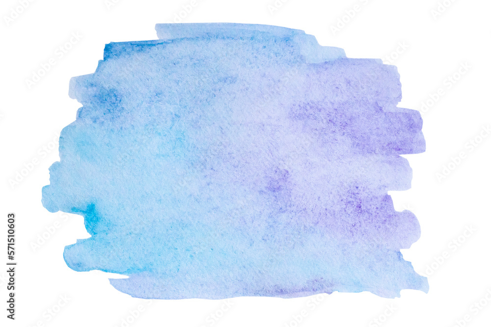 Abstract watercolor paint stain of blue and purple on textured paper isolated on transparent background. Indeterminate shape. PNG
