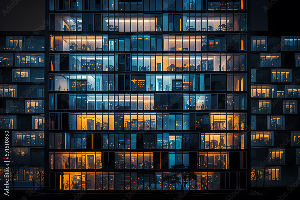 Lot of glowing skyscraper windows at night, lights are on office, business working. Generation AI Lot of glowing skyscraper windows at night, lights are on office, business working. Generation AI