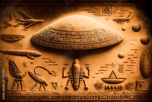 Old Egyptian hieroglyphs with UFO Aliens on ancient background. Concept humanoid Flying saucer history of Earth. Generation AI
