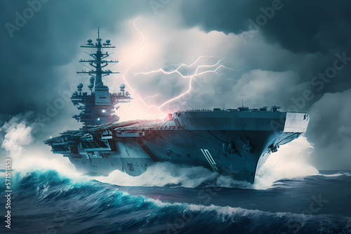 Military navy ship carrier in water. Warships set out on secret mission in ocean, menacing mood. Generation AI