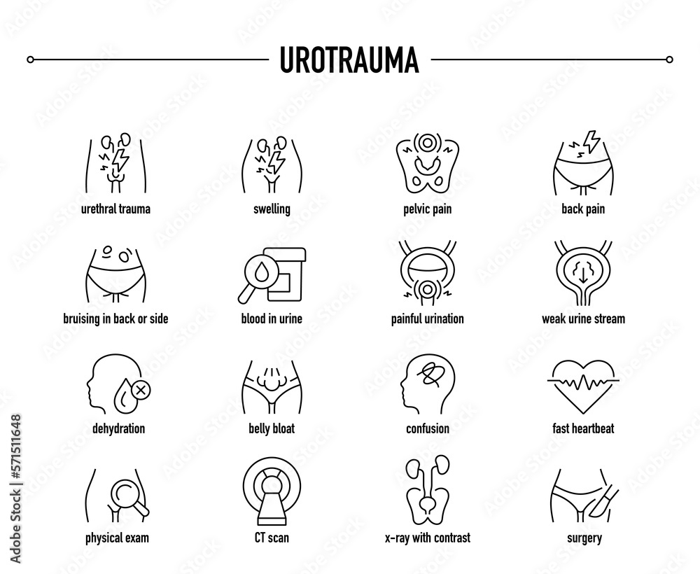Urotrauma symptoms, diagnostic and treatment vector icon set. Line editable medical icons.
