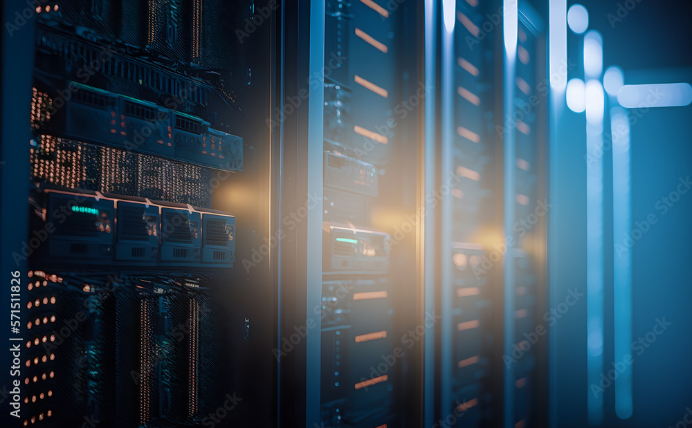 Modern data center With multiple rows operational server with Super computer room, neon color. Generation AI Modern data center With multiple rows operational server with Super computer room, neon color. Generation AI