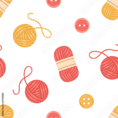 Vector seamless pattern with buttons, wool yarn balls and skeins for knitting. Red and yellow knit threads on white background. Cozy crafting hobby.