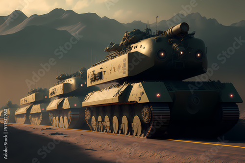 Transportation by train echelon of military equipment with battle tanks. Generation AI