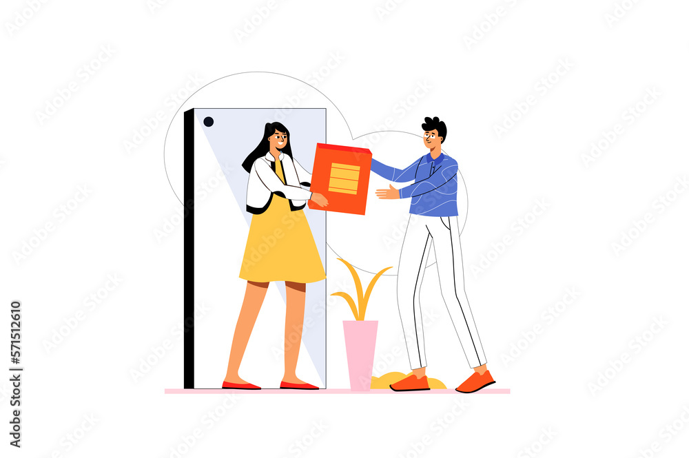 Courier delivery icons concept with people scene in the flat cartoon design. Courier delivered the package to the girl's apartment. Courier delivery icons concept with people scene in the flat cartoon design. Courier delivered the package to the girl's apartment.