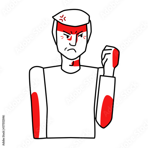 Angry white man with blond hair threatens with a fist. Line art hand drawn sketch style, half body vector illustration.