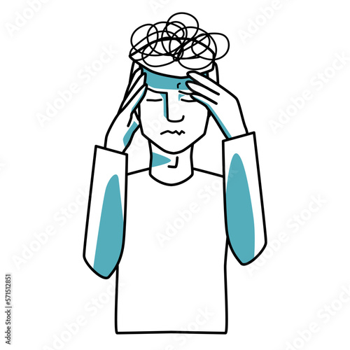 Stressed male character holding hands on his head, man closed his eyes. Stress mood, line art, half body hand drawn sketch style.