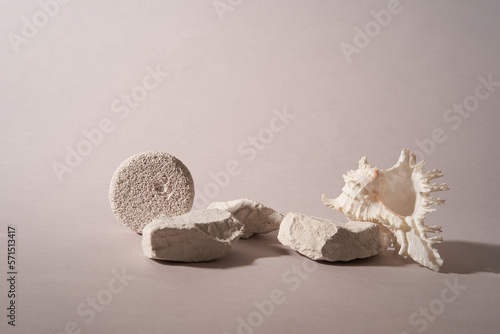 Abstract minimalistic scene with geometric shapes  shells and stones. Podium on a light background with shadows. product presentation  layout  demonstration of a cosmetic product  podium  stage