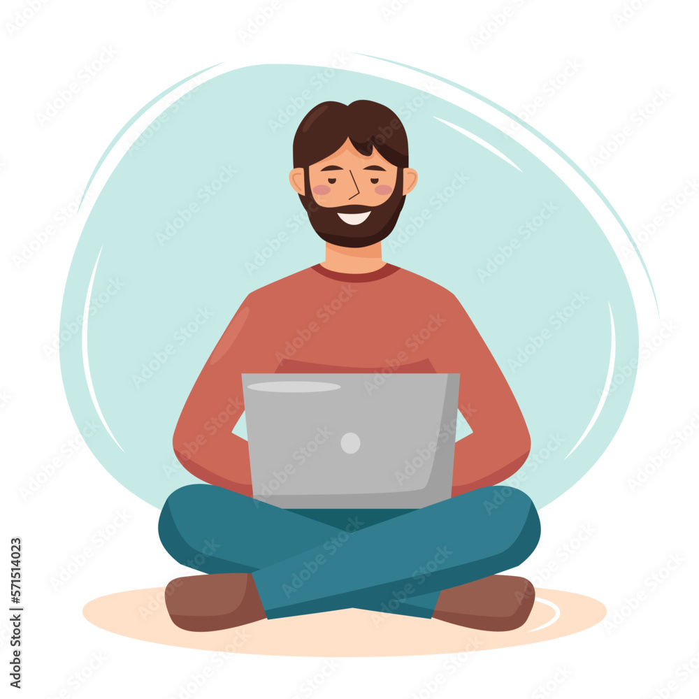 Man with laptop. Freelance, online work, online education, technology concept.