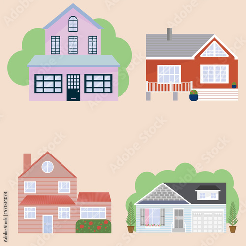 Cottage houses vector graphics. Facade of houses with a roof, windows and ornaments. Vector houses over isolated background. Contemporary.