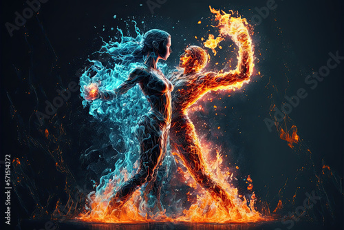 ultra detailed fire woman dancing with an ice man+epic scene. Generative ai