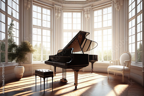Grand piano in elegant home interior with large windows, generative AI photo