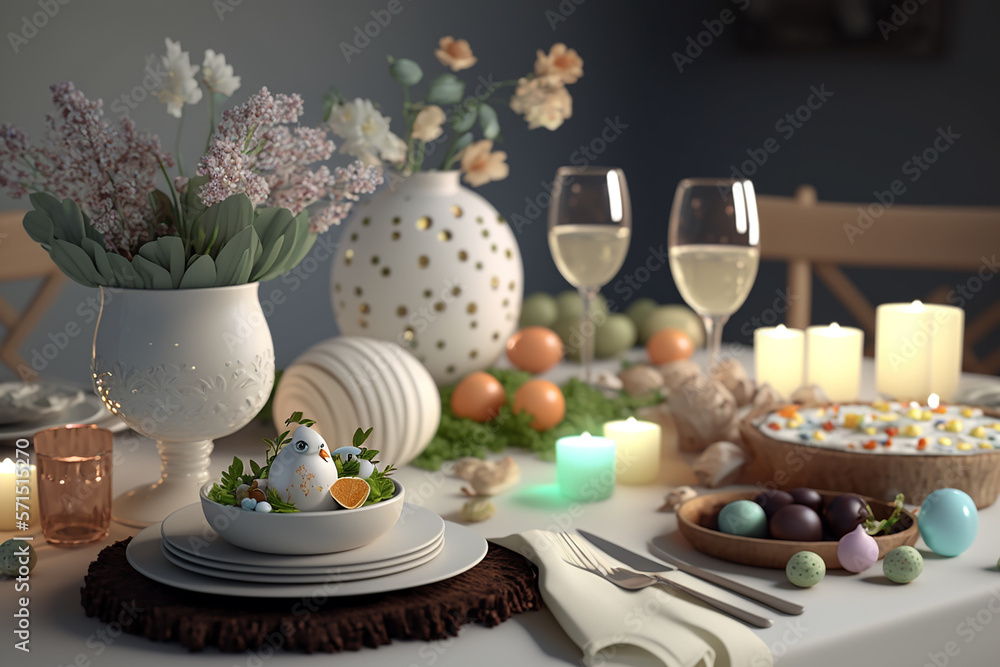 Naklejka premium Decorated Easter table. .Ai generativ.