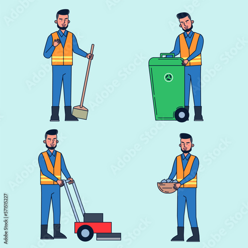 Park attendant takes care of cleaning, cleaning, cleaning, mowing, gardening.