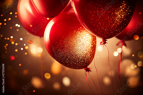 Holidays red background with red balloons, confetti, sparkles, lights. Anniversary. Banner for birthday, party, Christmas, New Year, promotion social media cover. Generative Ai