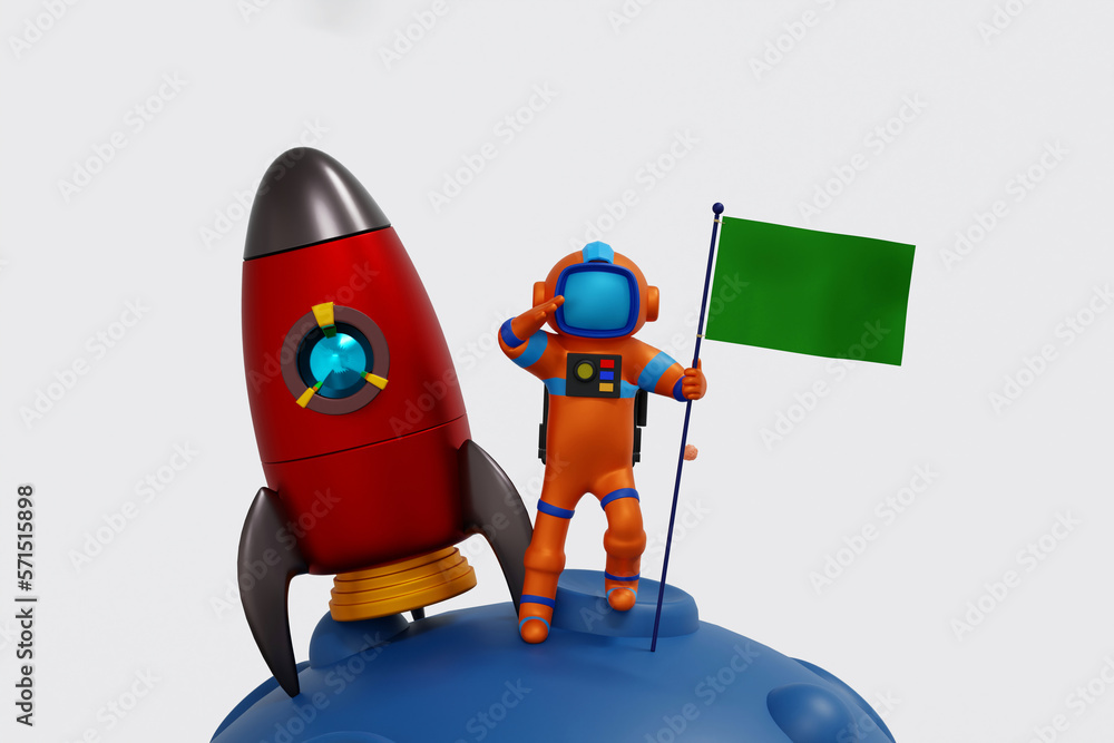 Astronaut holding green flag on the moon with rocket shuttle, space adventure discovery, 3D render.