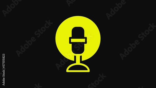 Yellow Microphone icon isolated on black background. On air radio mic microphone. Speaker sign. 4K Video motion graphic animation