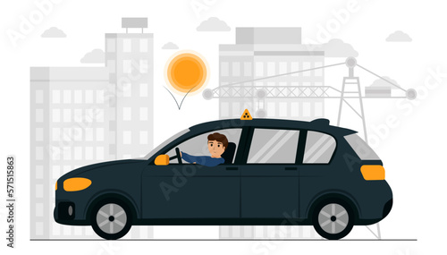 Fototapeta Naklejka Na Ścianę i Meble -  A man driving a car. Works in a taxi. There is a city in the background. A quick trip.  Vector flat illustration.