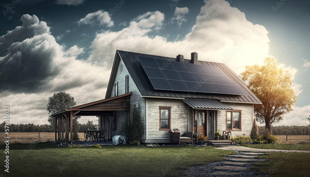House with solar panels on the roof. Sustainable and clean energy at home. Generative AI House with solar panels on the roof. Sustainable and clean energy at home. Generative AI