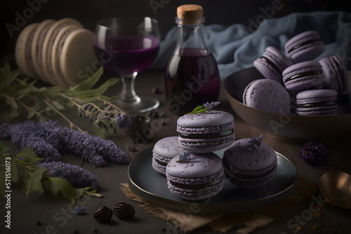 Homemade elderberry flavored macaroons. Creative dessert compositions food photography made with Generative AI