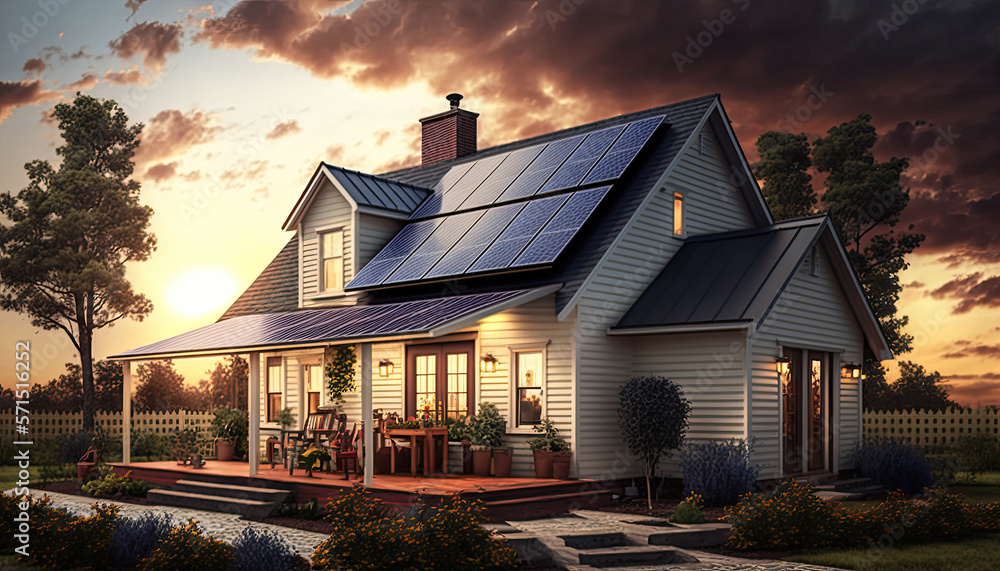 House with solar panels on the roof. Sustainable and clean energy at home. Generative AI House with solar panels on the roof. Sustainable and clean energy at home. Generative AI