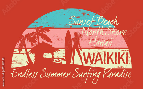 Hawaii girl surfing paradise endless summer graphic vintage vector print for woman girl  t shirt grunge effect in separate layer