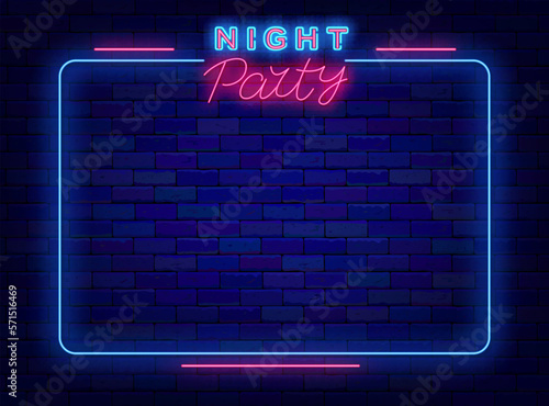 Night party neon advertising. Dance club announcement, Blue frame with lines on brick wall. Vector stock illustration