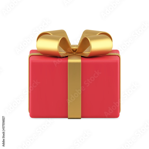 Red classic premium gift box tied by golden metallic bow ribbon decor element 3d icon vector